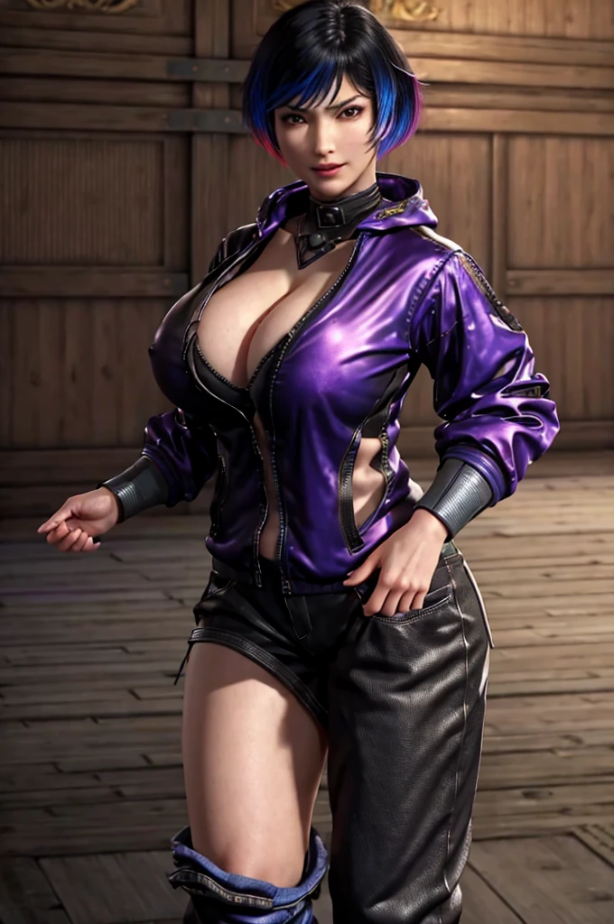 masterpiece, best quality, Tekken_reina, multicolored hair, halfling, big breasts, cleavage, looking at viewer,