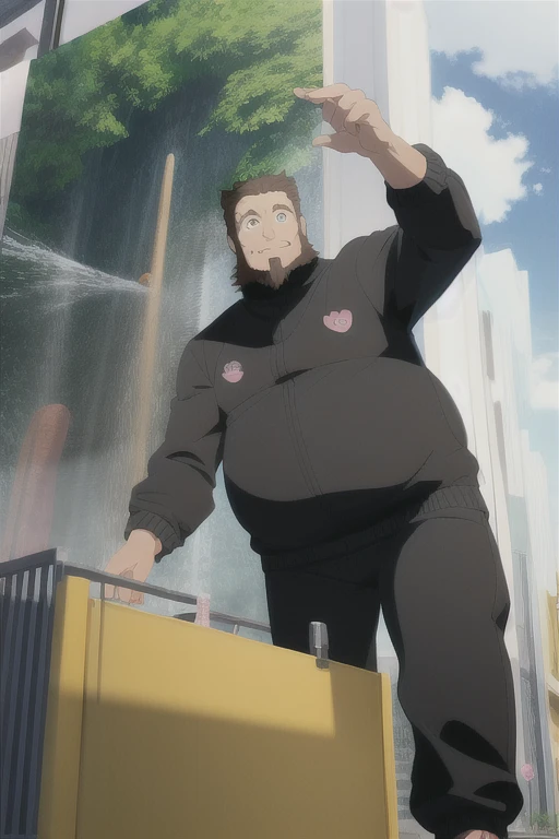 best quality, detailed hands, (hachimaki:1.1), (hello kitty:1.2), tire, sky, happy, advertising flyer papers, perspective, masterpiece, (black clothes, tracksuit:1.4), (fat man:1.1), BREAK stairs, (brown hair:0.7), reflection, (arm hair:1), waterfall, green eyes, beard, thick eyebrows