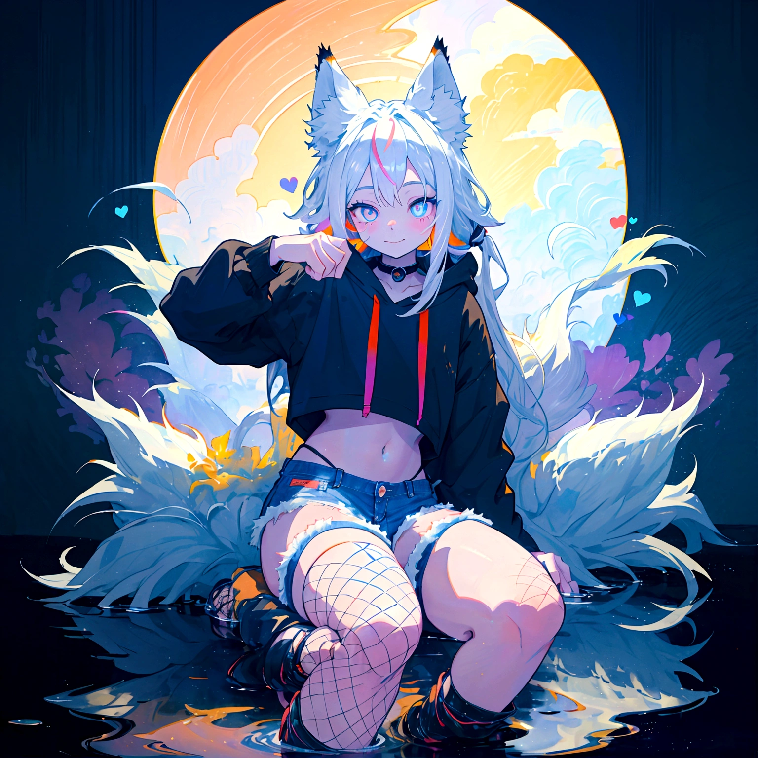 a cute adult male with wolf ears, long white hair, long locks, has a wolf tail, wearing a loose cropped black hoodie, wearing a pair of denim short shorts and fishnet stockings, thick thighs, wide hips, relaxing on mound of fluffy multi colored kawaii plushies, short, very slim, showing slender tummy, heart on hoodie, squishy thighs, has glowing blue eyes. alone, solo (ALONE)(SOLO), surrounded by rainbows, colorful galaxy backround, smiling, stretching out, water reflection