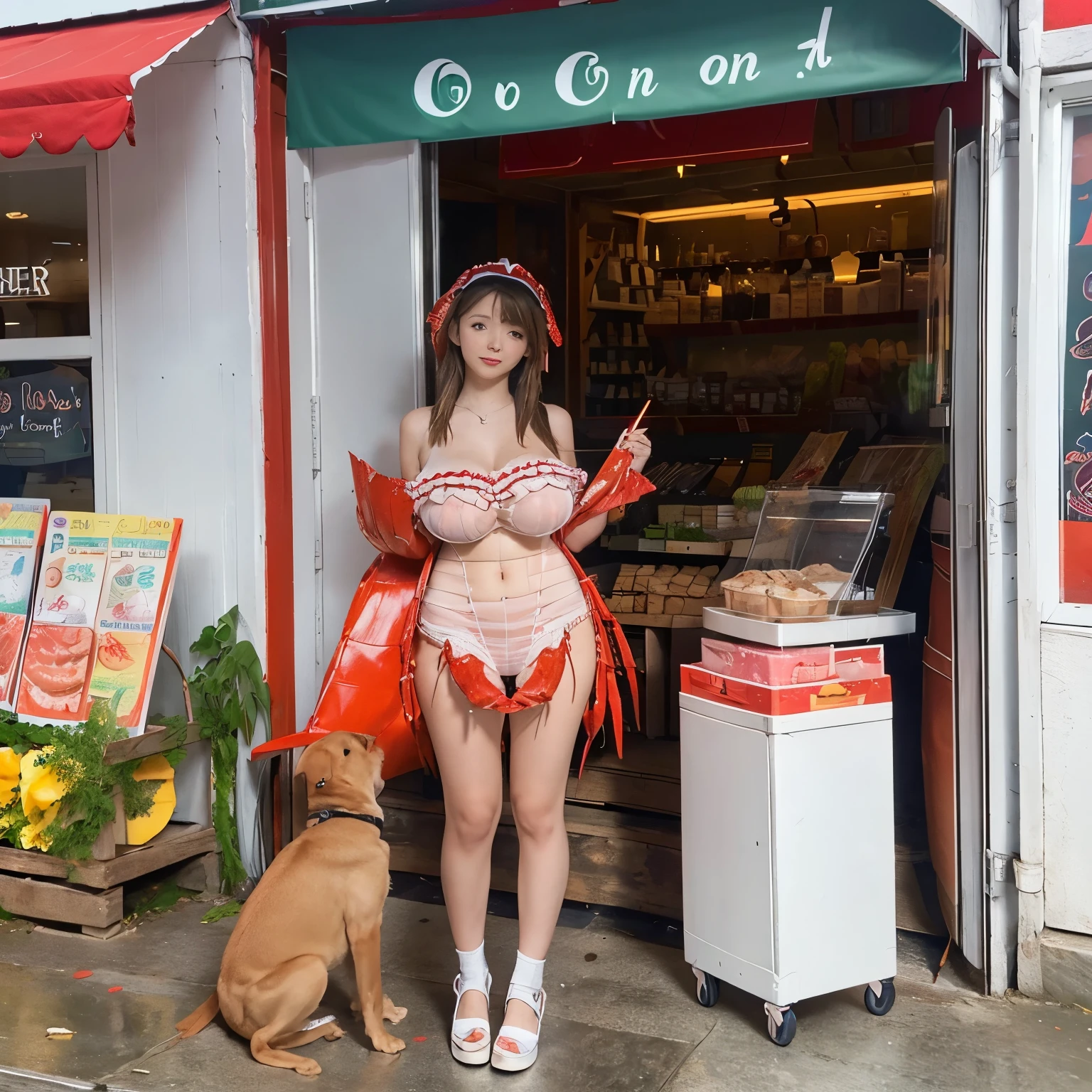 A lovely woman is in a form fitting lobster costume, she is outside of a sea food shop trying to draw in customers, a boy and his puppy won't leave her alone
