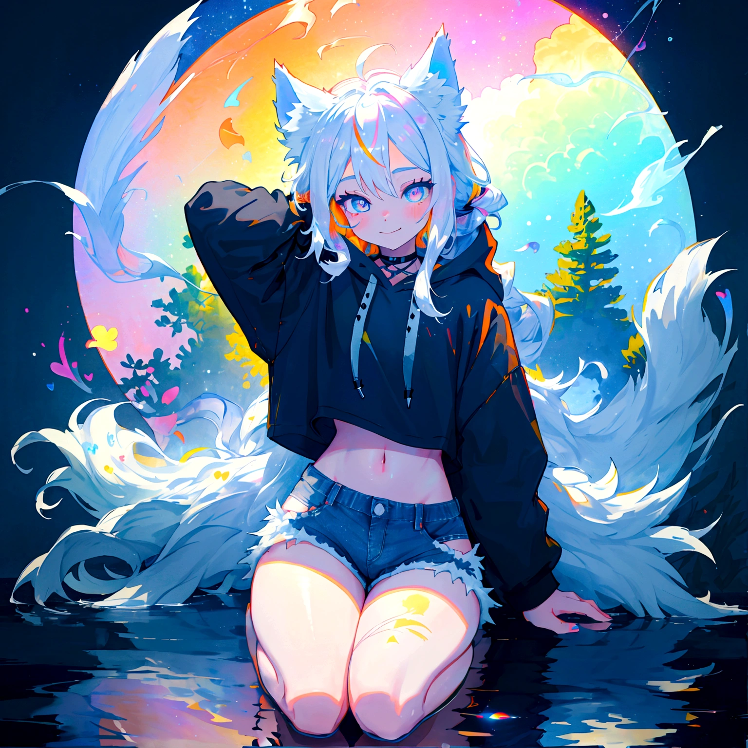 a cute adult male with wolf ears, long white hair, long locks, has a wolf tail, wearing a loose cropped black hoodie, wearing a pair of denim short shorts and fishnet stockings, thick thighs, wide hips, relaxing on mound of fluffy multi colored kawaii plushies, short, very slim, showing slender tummy, heart on hoodie, squishy thighs, has glowing blue eyes. alone, solo (ALONE)(SOLO), surrounded by rainbows, colorful galaxy backround, smiling, stretching out, water reflection