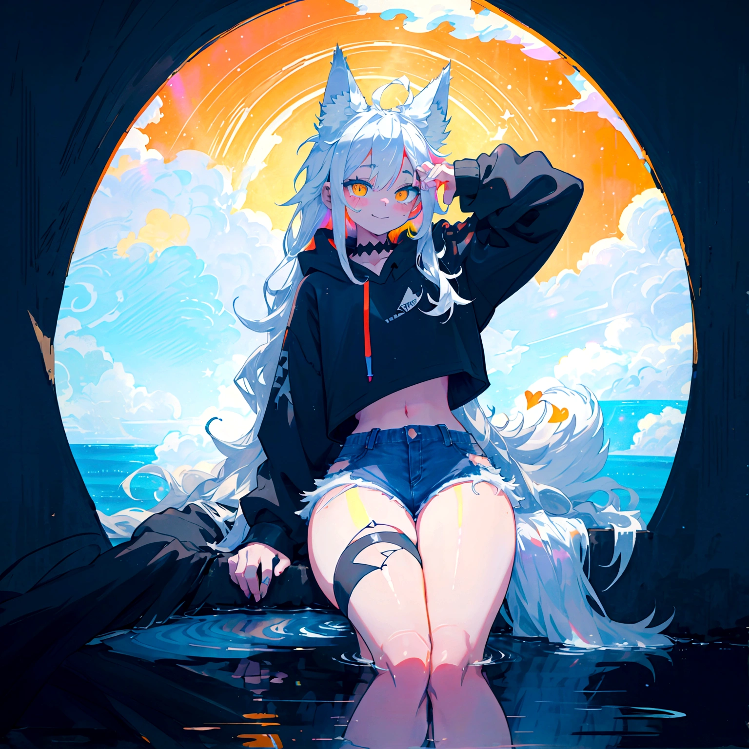 a cute adult male with wolf ears, long white hair, long locks, has a wolf tail, wearing a loose cropped black hoodie, wearing a pair of denim short shorts and fishnet stockings, thick thighs, wide hips, relaxing on mound of fluffy multi colored kawaii plushies, short, very slim, showing slender tummy, heart on hoodie, squishy thighs, has glowing blue eyes. alone, solo (ALONE)(SOLO), surrounded by rainbows, colorful galaxy backround, smiling, stretching out, water reflection
