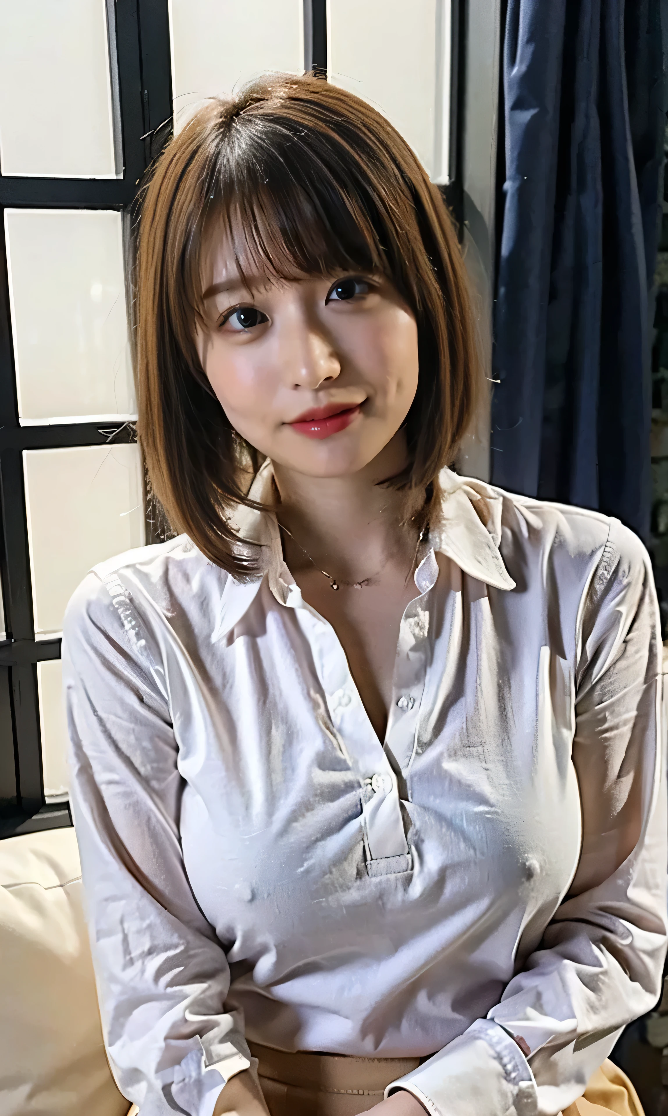 If the model is、Too cute though、Let me wear fancy clothes、www.(((Pantyhose w.Medium Short Hair、Shoulder-length hair:1.4))).((A luxurious navy blue shirt with a navy blue collar、Standing photo、Medium Hair、Big Breasts that can be seen even through clothes、Both hands are in front of the belly button、A photo of panties visible through a short polo shirt、Roll up your shirt with your hands、She is wearing a white polo shirt and luxurious white panties.、:1.4))、In the living room、Cream Hair Color、Her huge breasts are obvious even through her clothes...、Small earrings、Light brown hair color、:1.4))、Shiny Hair、Light beige hair color、Background Blur、Light brown hair、{{Cowgirl Shot}}、((Close-up shot from the waist up、Big Breasts:1.4))、Big Breasts、Smile、Big Breasts that can be seen even through clothes、Cowboy Shot、A lovely smile、((Revealing clothing))、Full body photo、ring、Tuck your hair behind one ear、Silver Necklace、smile、Caustics、Highly detailed photos、Big Breasts、Super no makeup、(8K、RAW Photos、Highest quality、masterpiece:1.2)、(Realistic、Realistic)、1 Girl、((Big Breastsショートヘア、Looking into the camera:1.4))、Hair blowing in the wind