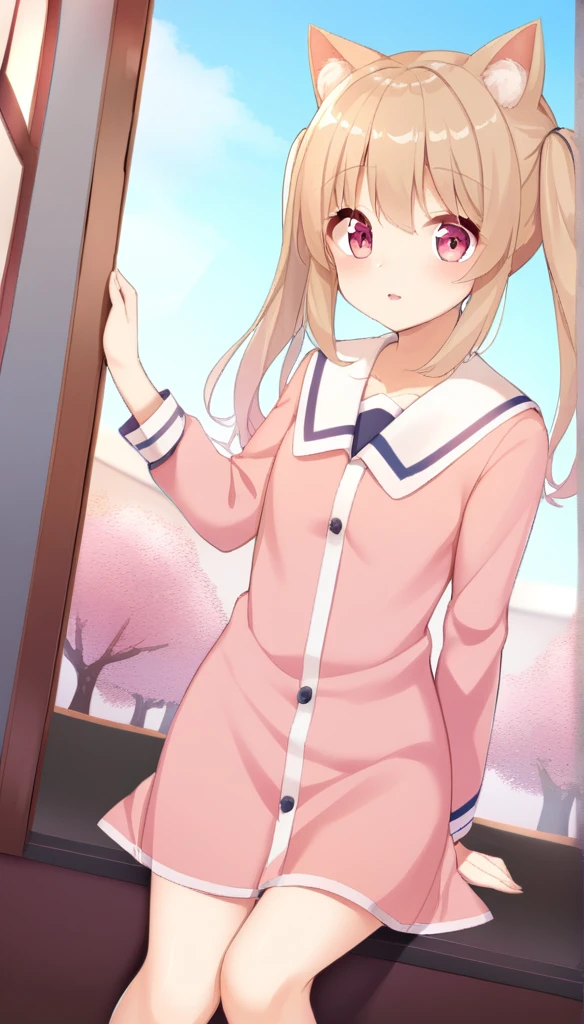 One girl,18-year-old、 Long Hair, Twin tails, ふわふわのTwin tails, Light brown hair, Cat ear, Animal ear hair, Pink Eyes, Bedroom, window, cherry blossoms, autumn,Fallen leaves,Maple Tree, dawn, Portraiture,whole body、uniform