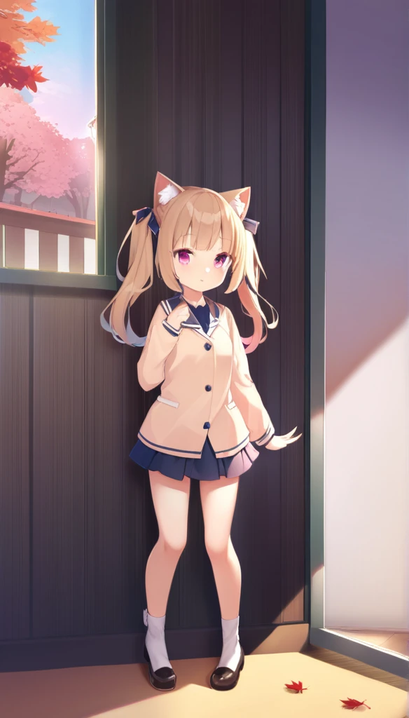 One girl,18-year-old、 Long Hair, Twin tails, ふわふわのTwin tails, Light brown hair, Cat ear, Animal ear hair, Pink Eyes, Bedroom, window, cherry blossoms, autumn,Fallen leaves,Maple Tree, dawn, Portraiture,whole body、uniform