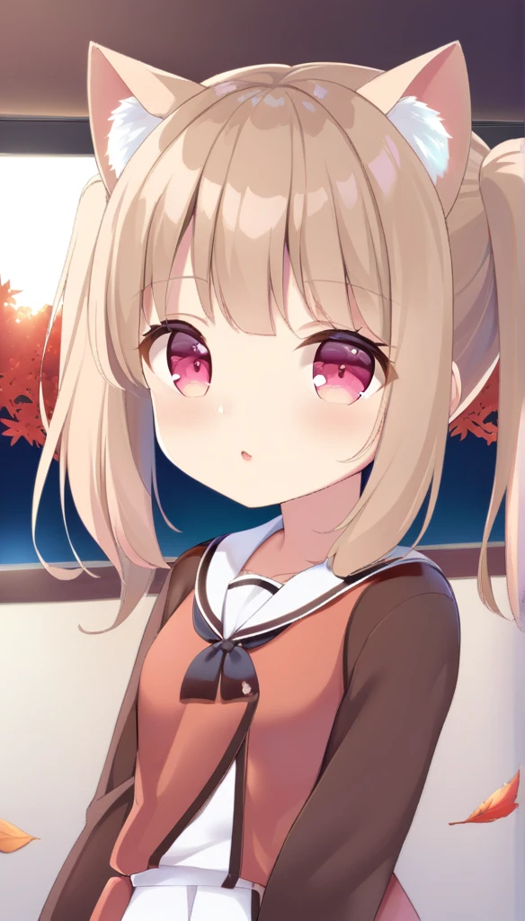 One girl,18-year-old、 Long Hair, Twin tails, ふわふわのTwin tails, Light brown hair, Cat ear, Animal ear hair, Pink Eyes, Bedroom, window, cherry blossoms, autumn,Fallen leaves,Maple Tree, dawn, Portraiture,whole body、uniform