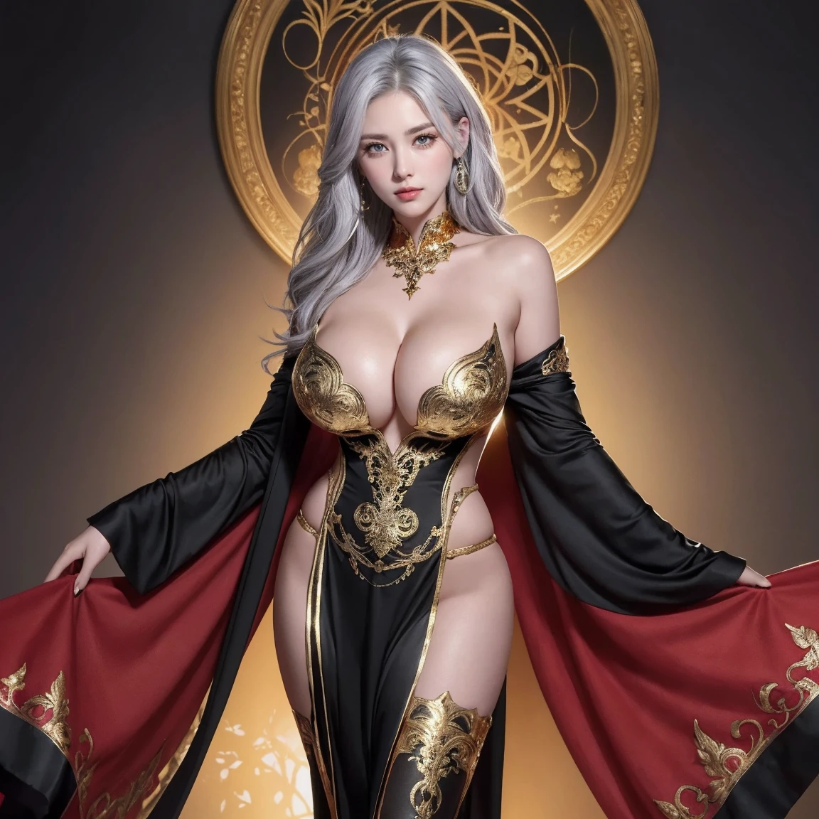 (best quality,4K,8K,highres,masterpiece:1.2),ultra-detailed,(realistic,photorealistic,photo-realistic:1.37), illustration by artgerm and gerald brom, attractive woman, perfect body, huge breasts, hyperfeminine curves, black, red, gold, vibrant, emotive expressions, My chest is completely exposed, glamour, K cup, Exposed breasts, Yukdeok, Voluptuousness, ((((full body)))), ((((独奏)))), 1woman, white hair, gorgeous woman Estimated C, （Front Focus），((ultra gigantic tits))、((Upper body naked))、( Exposed)、(((Golden short hair)))、((Sexy embroidered red and gold and black witch costume))、((High quality red and gold and black witch costume with sexy embroidery))、((Sexy Witch、High quality red and gold and black witch costume with less fabric embroidery))、Sexy embroidery beautifully embroidered on red and gold and black witch costume，Decorated with fine witch costumes and fine jewelry with fine embroidery，photographrealistic，Dynamic Lighting，art stations，poster for，Volumetriclighting，extra detailed face，4 k''，((Colossal tits))、With diamonds，Sexy thighs，exposing the abdomen ,Chest 1 Girl, deepshadow, Full Body, The eyes are confused and seductive，legs separated, high resolution, 1women, mature female, 独奏, full body, jewelry, tattoo, white hair, long hair, make up, red lips, queen dress, realistic, high resolution, 1 woman, mature woman, alone, Tattoo, gray hair, long hair, assembly, red lips, queen dress, Image from head to toe, only standing, standing full body image, realistic, high resolution, 오직 1 woman, 오직 alone, look at the viewer, (detailed face), gray hair, silver hair, long hair, feet up, beautiful eyes, Huge big breasts that are about to explode, golden armor, BLACK & GOLD gi, transparent, pantyhose, bare shoulders, Dripping tops, Visible nipples, look at the viewer, Orientalism, My chest is very hollow, My chest is completely exposed, glamour, K cup, Bewitching, Crotch that is barely visible, ancient japanese background, realistic hands, realistic feet and legs, live action, Banla, masterpiece, very pretty face, Exposed breasts, 2 hands with 5 fingers each, Two feet with five toes each, Yukdeok, Voluptuousness, full body naked