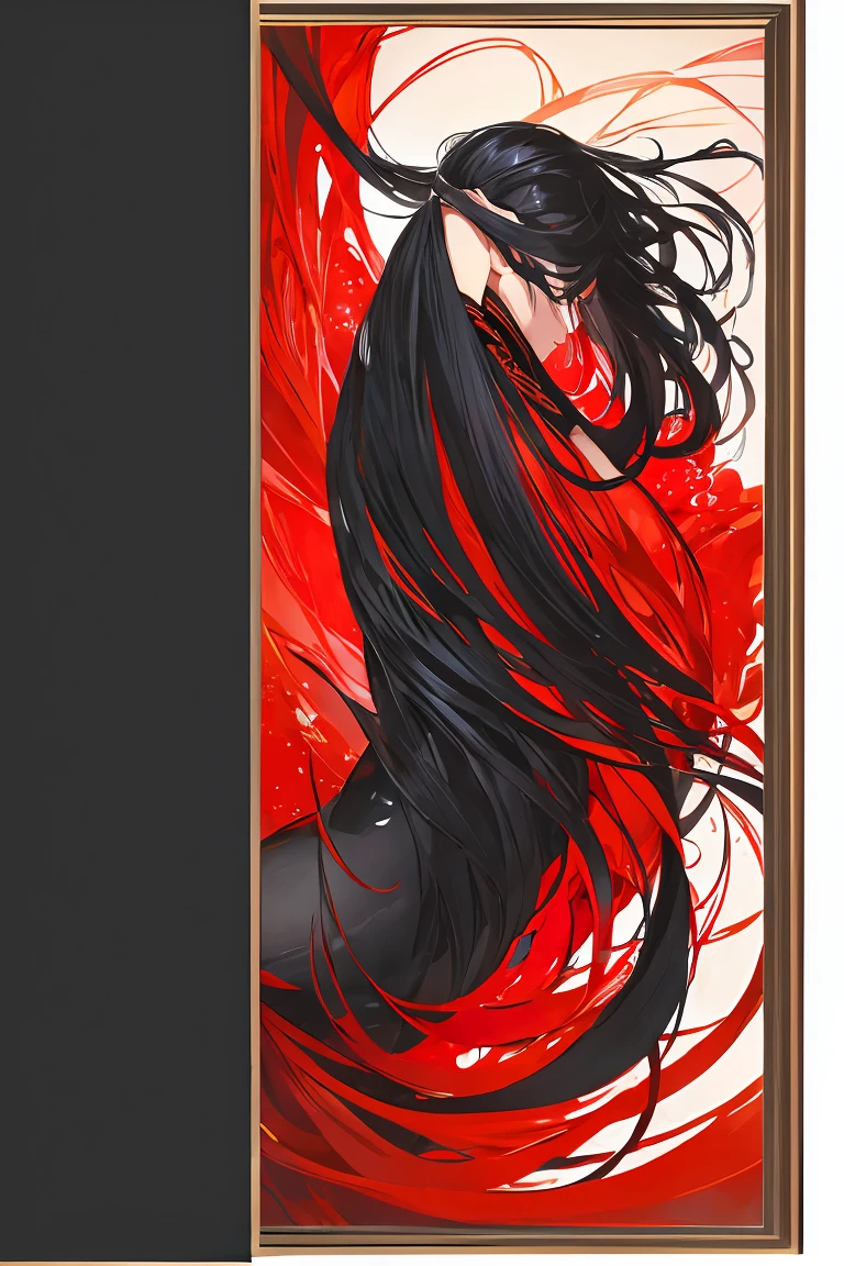 Beautiful male drawings, Clepax, Long Hair, whole body, 、 Fine grain, Black Hair, From the side, Red background, Border,