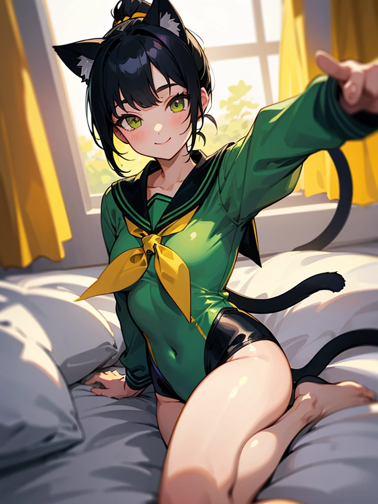 Highest quality,High resolution,1People Girl,whole body,fine,smile,looking at the camera,Bedroom,ponytail,Black Hair,Yellow-green eyes,Sailor Leotard,beautiful girl,Cat ear,Cat tail,