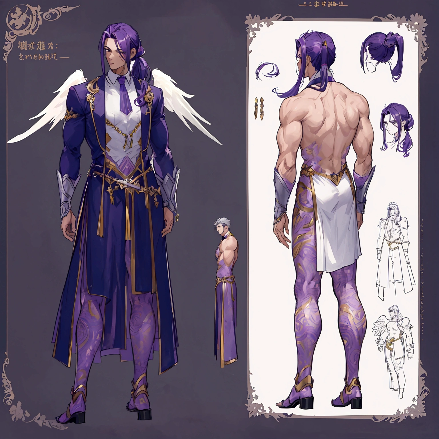 (Masterpiece, best quality), detailed, 1 man, ((character concept art)), ((character design sheet, same character, front, side, back)), full body, body complete, 1 Male, 1 Man, Detailed face, character design sheet,full bodyesbian, Highly detailed, character sheet, character design, Many parts, dark skin, angel wings, long ponytail purple hair, angel outfit, muscle male god, male clothes, masculine, muscle man, male muscle, manly, male angel, Muscle male with purple long ponytail hair,beautiful man