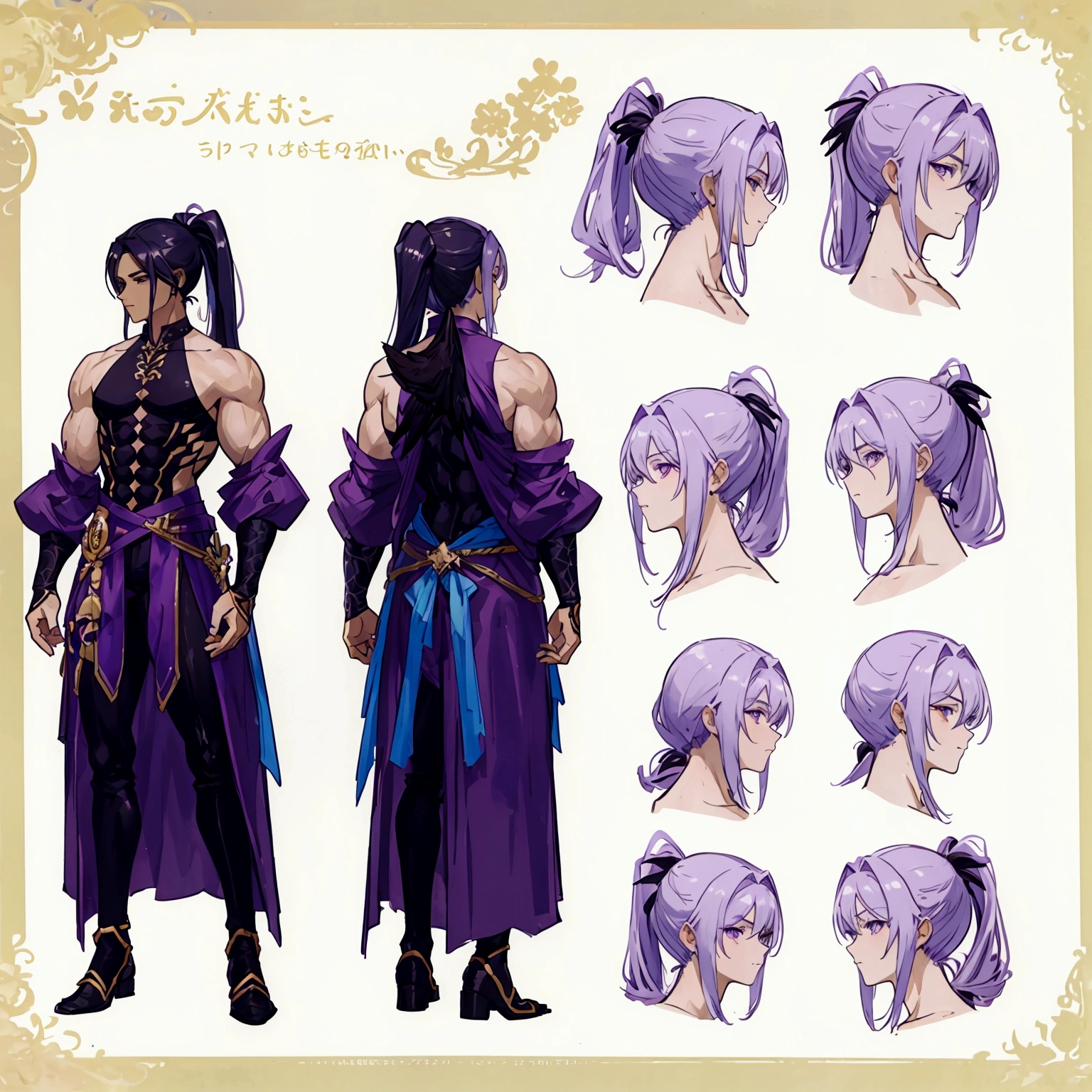 (Masterpiece, best quality), detailed, 1 man, ((character concept art)), ((character design sheet, same character, front, side, back)), full body, body complete, 1 Male, 1 Man, Detailed face, character design sheet，full bodyesbian, Highly detailed, character sheet, character design, Many parts, dark skin, angel wings, long ponytail purple hair, angel outfit, muscle male god, male clothes, masculine, muscle man, male muscle, manly, male angel, Muscle male with purple long ponytail hair，beautiful man