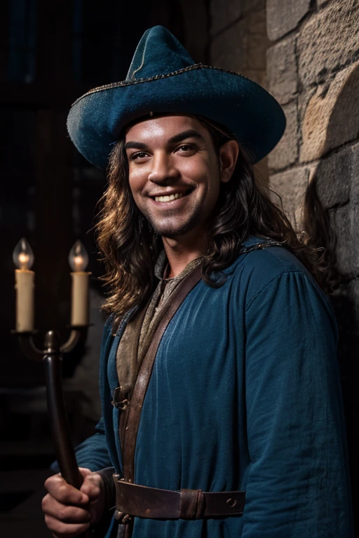 (Best Quality:1.3), Filming of movies, Masterpiece, (sharp focus:1.5), (natural:1.3), Medium portrait (A young medieval sorcerer with long wavy hair, SMILE, proud and fierce, Wearing an exquisite blue tunic and a peaked hat., There are several lit torches on the wall., Give the scene a dark atmosphere.,But the shape has a stark contrast between light and dark.), evening, (highly refined leather), (detailed face), detailed background, Dark light, twilight lighting, volumetric lighting, intricate details, ultra high definition,