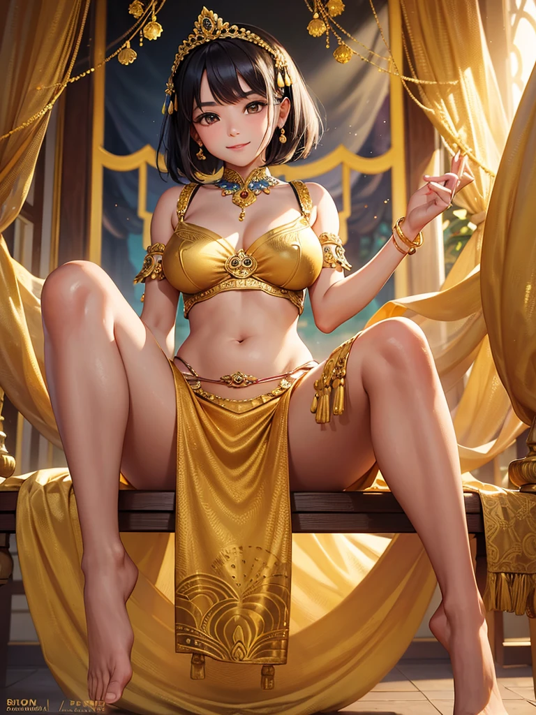 A Masterpiece, Highest quality. Photorealism style oil painting of a Stunning Beauty Javanese  Princess, about 9 years y smile. Short hair. Wearing golden-white croptop batik dress and golden mini skirt with slits. No underwear. Traditional Javanese golden tiara. Beautiful shoulders, beautiful big breasts, beautiful belly, beautiful waist, beautiful thighs, beautiful legs. Javanese Imperial Park in the background. HD image, full body image, wide image, top to toes, very detailed anatomy, very detailed background.