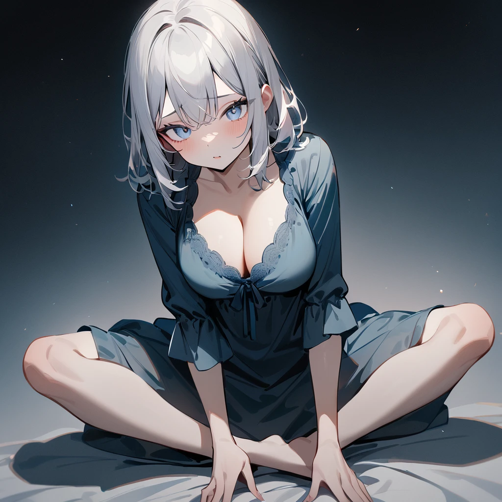 1 girl,pale hair,Crevice,Cleavage,pallid,pale colors,pale eyes,masterpiece,best quality,very aesthetic,absurdres,blue eyes,nightgown,indian style