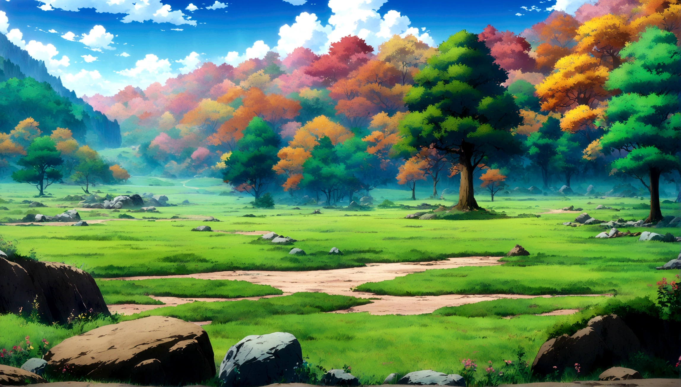 anime - style painting of a tree in a grassy field with rocks, anime countryside landscape, anime landscape, anime landscape wallpaper, anime background art, beautiful anime scenery, anime background, anime beautiful peace scene, anime scenery, anime movie background, anime nature, anime scenery concept art, colorful anime movie background, beautiful anime scene, anime scene, beautiful landscape background