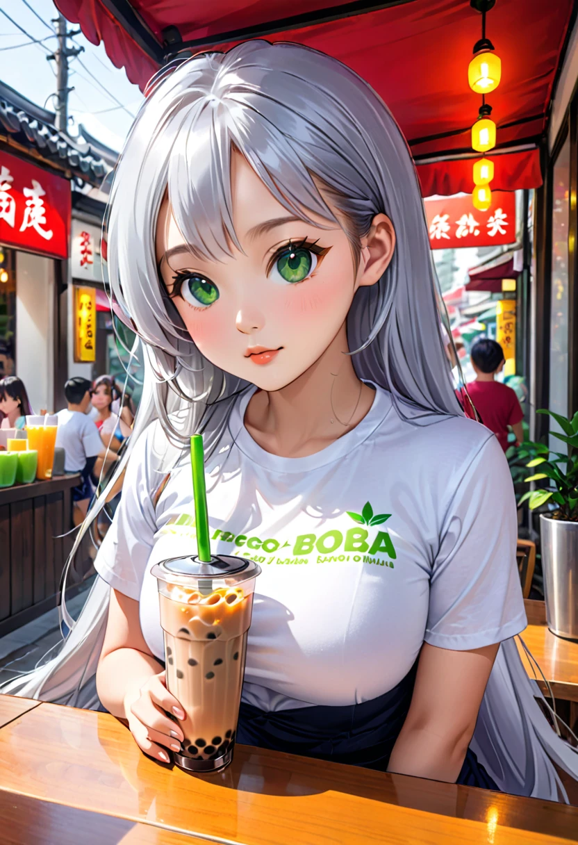 Pretty asian woman, bright silver hair, long hair, green eyes, tshirt, perfect face, busty, drinking boba tea