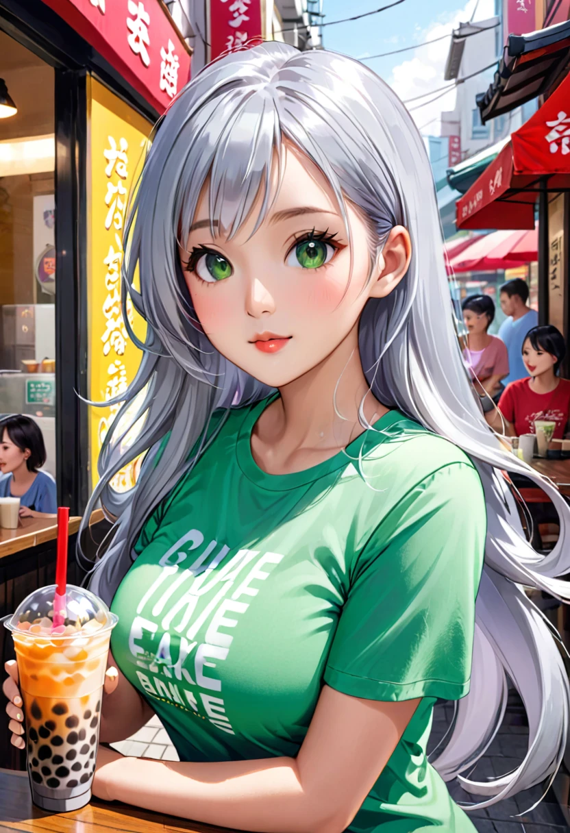 Pretty asian woman, bright silver hair, long hair, green eyes, tshirt, perfect face, busty, drinking boba tea