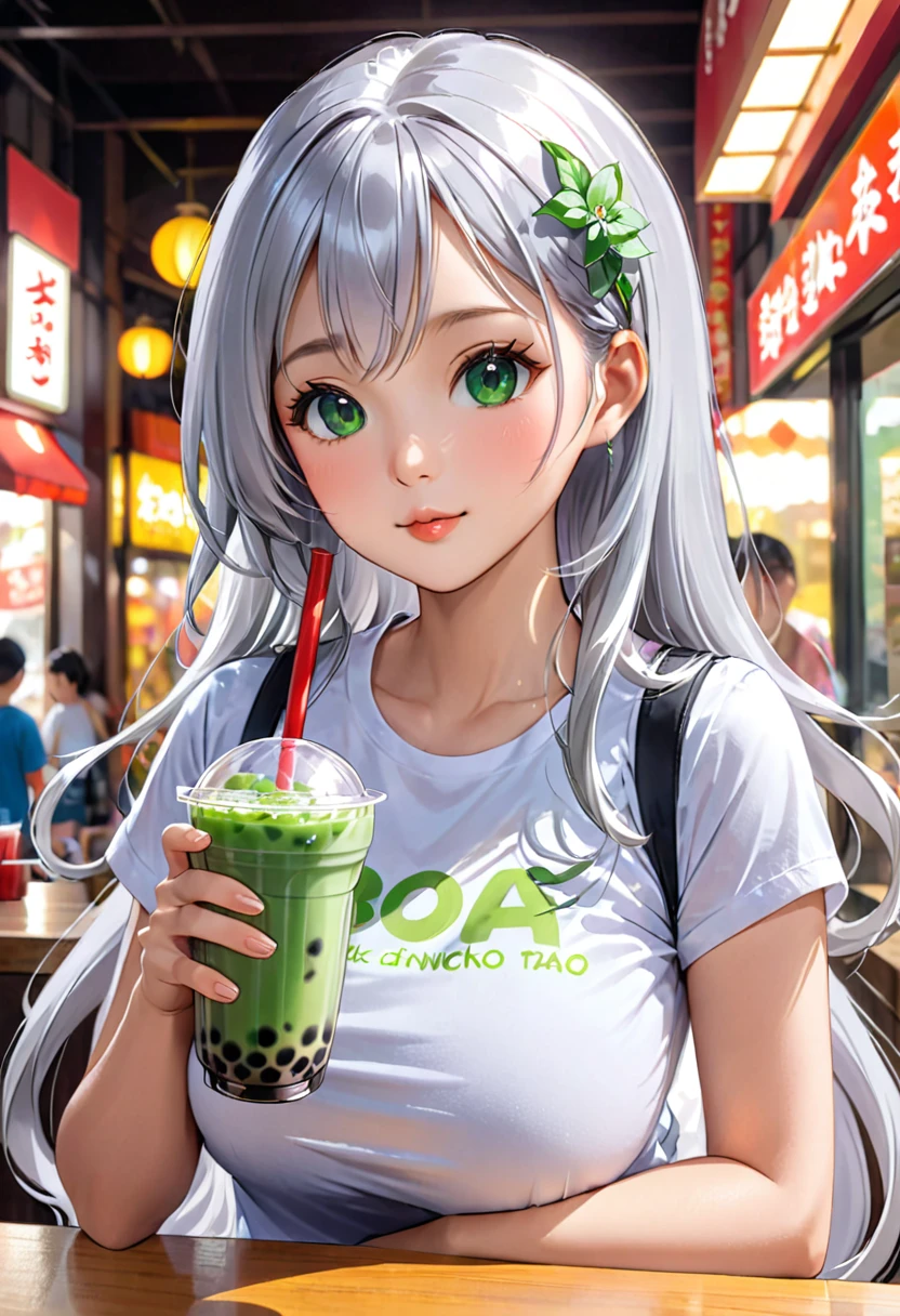 Pretty asian woman, bright silver hair, long hair, green eyes, tshirt, perfect face, busty, drinking boba tea