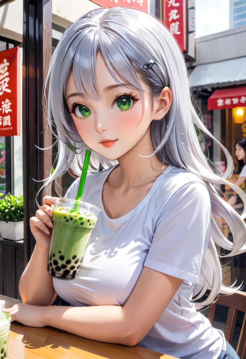 Pretty asian woman, bright silver hair, long hair, green eyes, tshirt, perfect face, busty, drinking boba tea