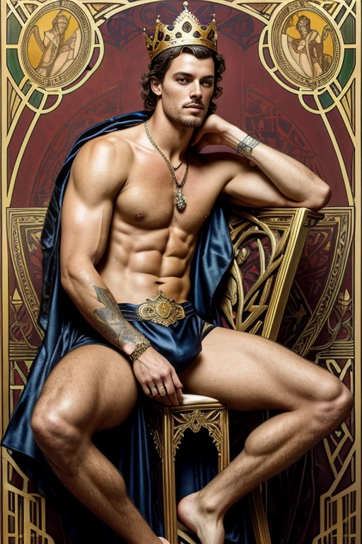 a surreal courtly photography, ultra-detailed, panoramic composition of subject and complete surrounding environment, handsome manly young topless christian hogue sitting on a throne, wears rich silks shorts and decorations, a crown on his head, Gold snake pattern tattoo , inspired by Cornelis Engebrechtsz, inspired by Nikolay Nikanorovich Dubovskoy, inspired by John Nelson Battenberg, inspired by Konstantin Westchilov, maximalist art nouveau, modern art nouveau, Artem Demura. Alphonse Mucha. Homem com asas de anjos