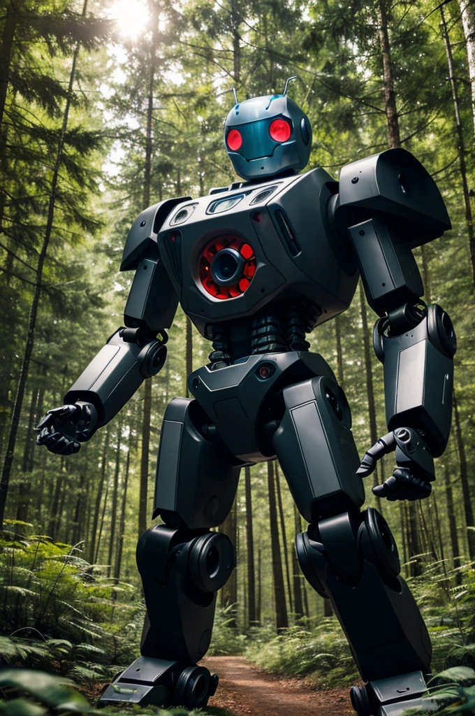 A cartoony robot in a forest, the robot is interacting with nature
