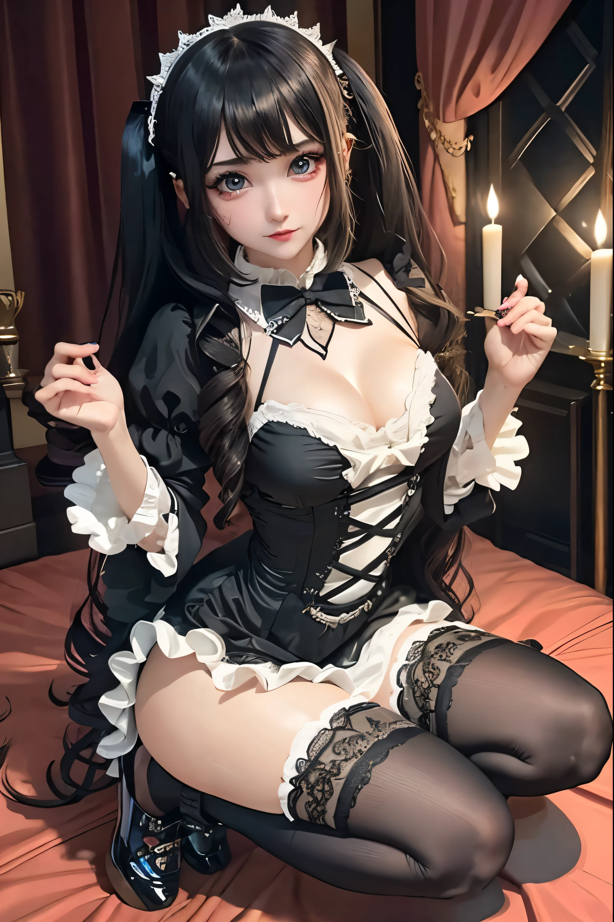 Big breasted sexy maid lying on grass，Legs spread out, black suspender stockings, long hair, translucent top, delicate face