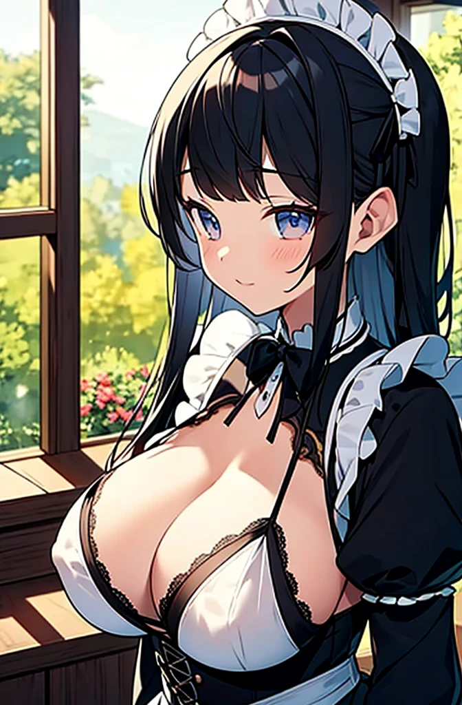 masterpiece, Highest quality, Super detailed, figure, Beautiful attention to detail, Twin girls, , cute, Detailed landscape, Wooden windows, Black Hair, Maid、Gothic Lolita、Underbust, White micro bikini, Cleavage, Big Breasts, See-through nipples、Naked Apron