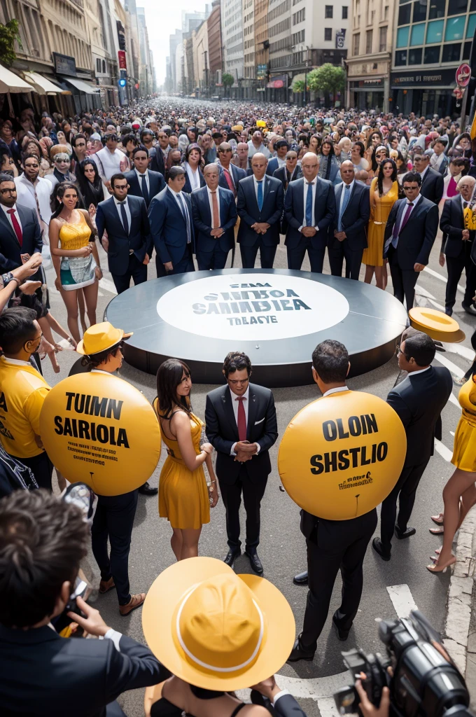 Create an image of a samba circle with people dressed in suits and a sign on top that says the tycoons