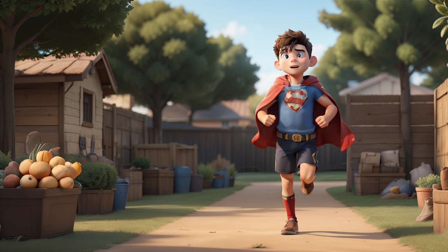 a boy wearing a superhero cape running in the backyard. cinematic scene((best qualityer)), ((work of art)), (detailded), 1 girl, shoulder to shoulder sweater,