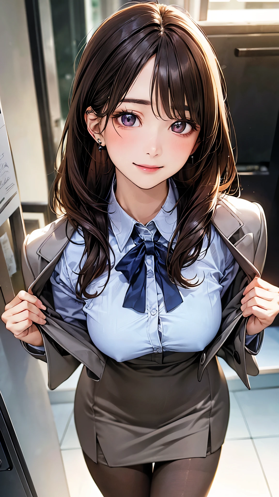 (masterpiece:1.2, top-quality), (realistic, photorealistic:1.4), beautiful illustration, (natural side lighting, movie lighting),
looking at viewer, (breast focus), (from above:1.1), close up, 1 woman, japanese, 22 years old, high school teacher, perfect face, cute and symmetrical face, shiny skin, babyface,
(long hair, half updo, dark brown hair), swept bangs, marron eyes, (middle breasts, seductive thighs, big ass), piercings,
beautiful hair, beautiful face, beautiful detailed eyes, beautiful clavicle, beautiful body, beautiful chest, beautiful thigh, beautiful legs, beautiful fingers,
((grey jacket, close jacket, grey tight skirt, white collared shirt), brown pantyhose), purple neck ribbon,
(beautiful scenery), summer, evening, (office:1.2), standing, leaning forward, (lovely smile, upper eyes),