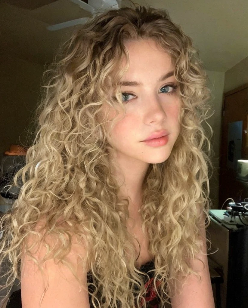 Blonde girl with curls looking forward
