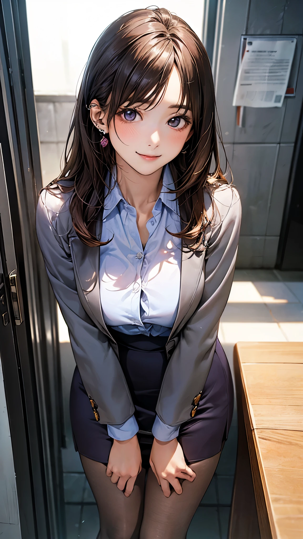 (masterpiece:1.2, top-quality), (realistic, photorealistic:1.4), beautiful illustration, (natural side lighting, movie lighting),
looking at viewer, (breast focus), (from above:1.1), close up, 1 woman, japanese, 22 years old, high school teacher, perfect face, cute and symmetrical face, shiny skin, babyface,
(long hair, half updo, dark brown hair), swept bangs, marron eyes, (middle breasts, seductive thighs, big ass), piercings,
beautiful hair, beautiful face, beautiful detailed eyes, beautiful clavicle, beautiful body, beautiful chest, beautiful thigh, beautiful legs, beautiful fingers,
((grey jacket, close jacket, grey tight skirt, white collared shirt), brown pantyhose), purple neck ribbon,
(beautiful scenery), summer, evening, (office:1.2), standing, leaning forward, (lovely smile, upper eyes),