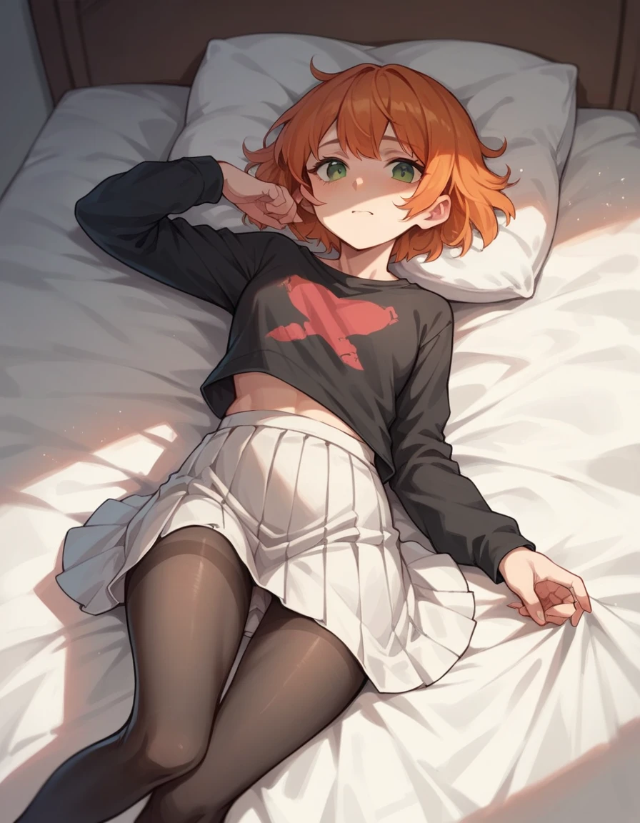 girl orange hair short white skirt emerald green eyes and black shirt clinging to her body with black pantyhose lying on the pink bed