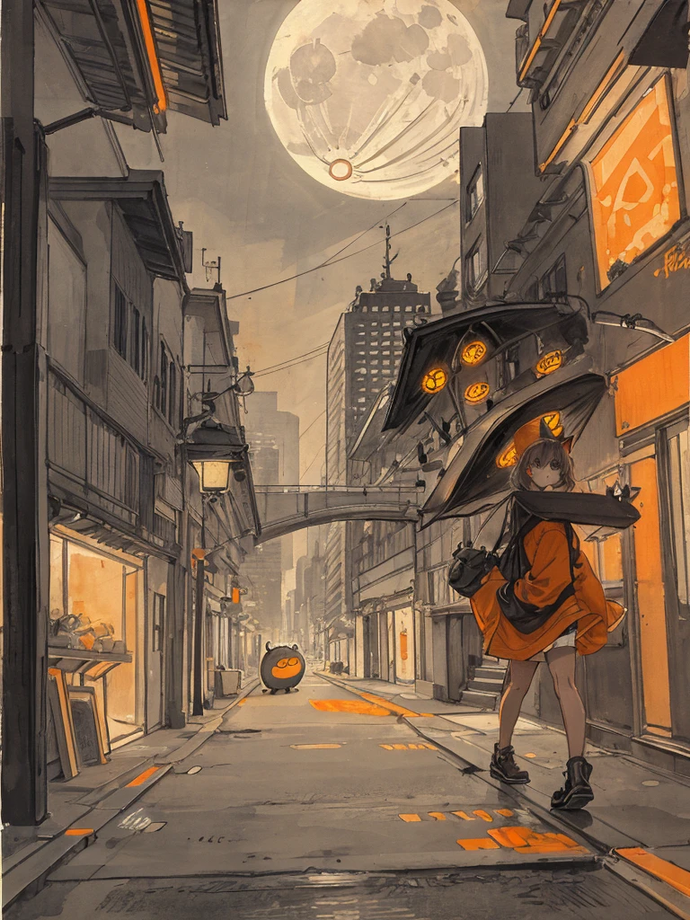 cat, orange, cute, big eyes, masterpiece, full moon, skyscrapers, street