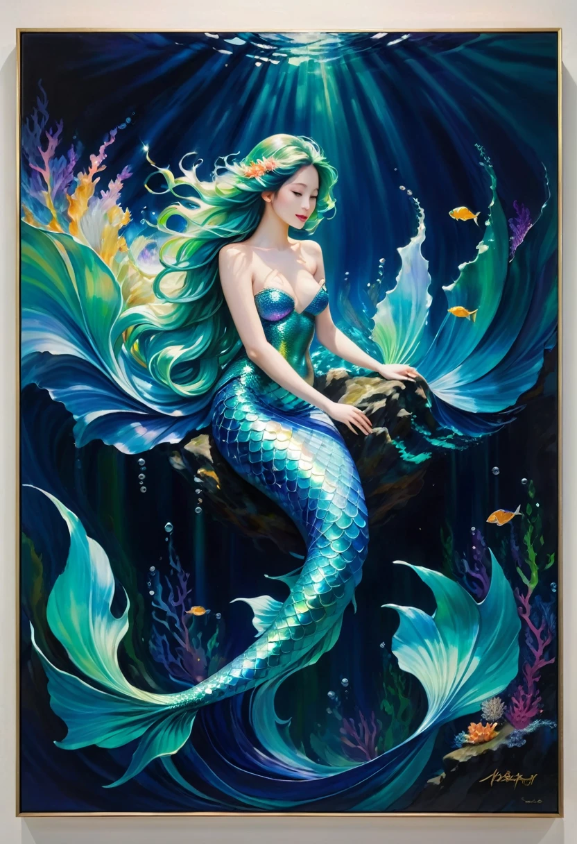 Create an awe-inspiring oil painting that captures the enchanting beauty of a Japanese mermaid gracefully gliding through the depths of the ocean. Using bold and expressive brushstrokes, convey the fluidity and movement of the water as it swirls around the mermaid's ethereal form.

Imagine a scene where the mermaid emerges from the depths, her long, flowing hair cascading like seaweed around her luminous figure. Her eyes shimmer with wisdom and mystery as she gazes into the distance, beckoning viewers into the enchanting world beneath the waves.

With masterful strokes of the brush, depict the intricate details of the mermaid's scales, shimmering with iridescent hues of blue and green. Let the play of light and shadow dance across the canvas, evoking the ever-changing currents of the ocean depths.

In the background, paint a panorama of coral reefs, swaying sea plants, and exotic marine life, creating a vibrant tapestry of color and movement that surrounds the mermaid in her watery domain.

As viewers gaze upon the painting, they are transported into a world of magic and wonder, where the boundary between reality and myth fades away. "Song of the Deep" is not merely a painting—it is a mesmerizing symphony of color, texture, and emotion that celebrates the timeless allure of the sea and the mysterious beauty of the Japanese mermaid.