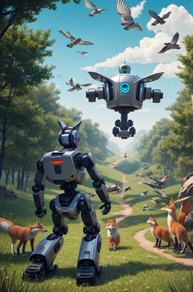 A robot interacting with nature (Birds, foxes, etc.)