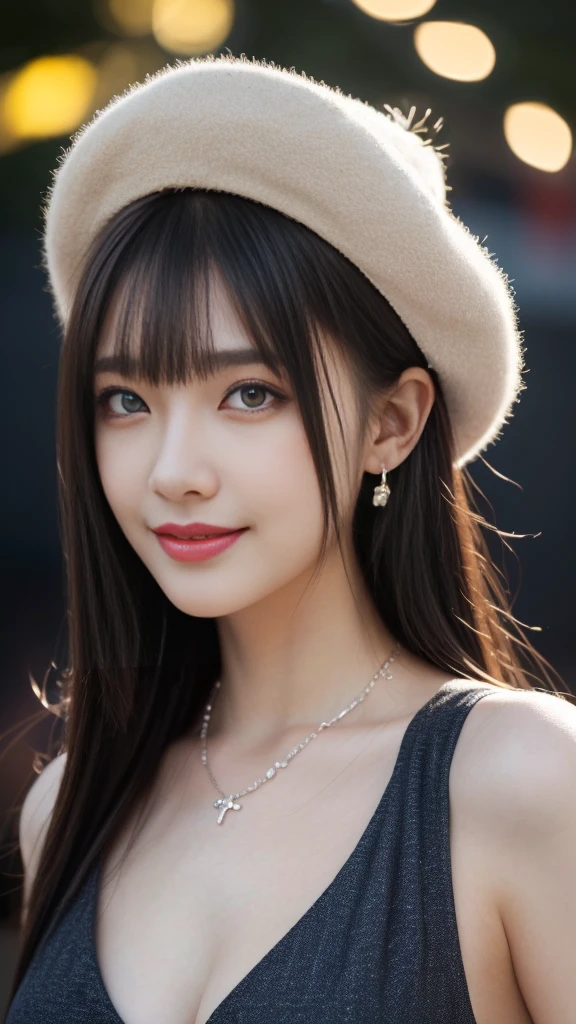 8K,(RAW photos),(best quality), (Photo-realistic:1.4),Realistic skin texture 1girl,Lovely,Double eyelids,Bangs,whole body,,Thin legs,(fit),Slim,Smile,hat,earrings,necklace,Watch and look at the audience,Face Focus,Depth of Field,club ,(Chest close-up:1),Bokeh,,