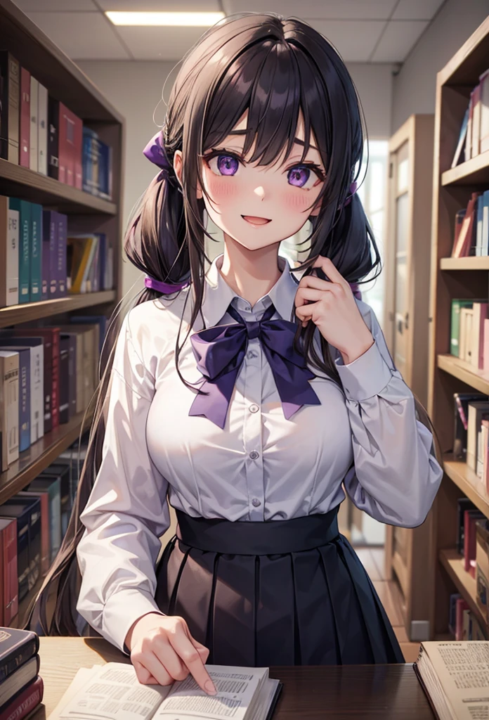 slender, mature female,rating:safe, bookshelf, book, 1girl, blush, purple_eyes, black_hair, breasts, open_mouth, twintails, blurry, smile, :d, looking_at_viewer, white_shirt, shirt, solo, blurry_background, low_twintails, eyebrows_visible_through_hair, library, long_hair, depth_of_field, large_breasts, bangs, indoors, breast_rest, bow, dress_shirt, upper_body, hair_over_shoulder, diagonal_stripes, striped, holding, sidelocks, long_sleeves, collared_shirt, hair_tie, striped_bow, book_stack, purple_bow, school_uniform, 