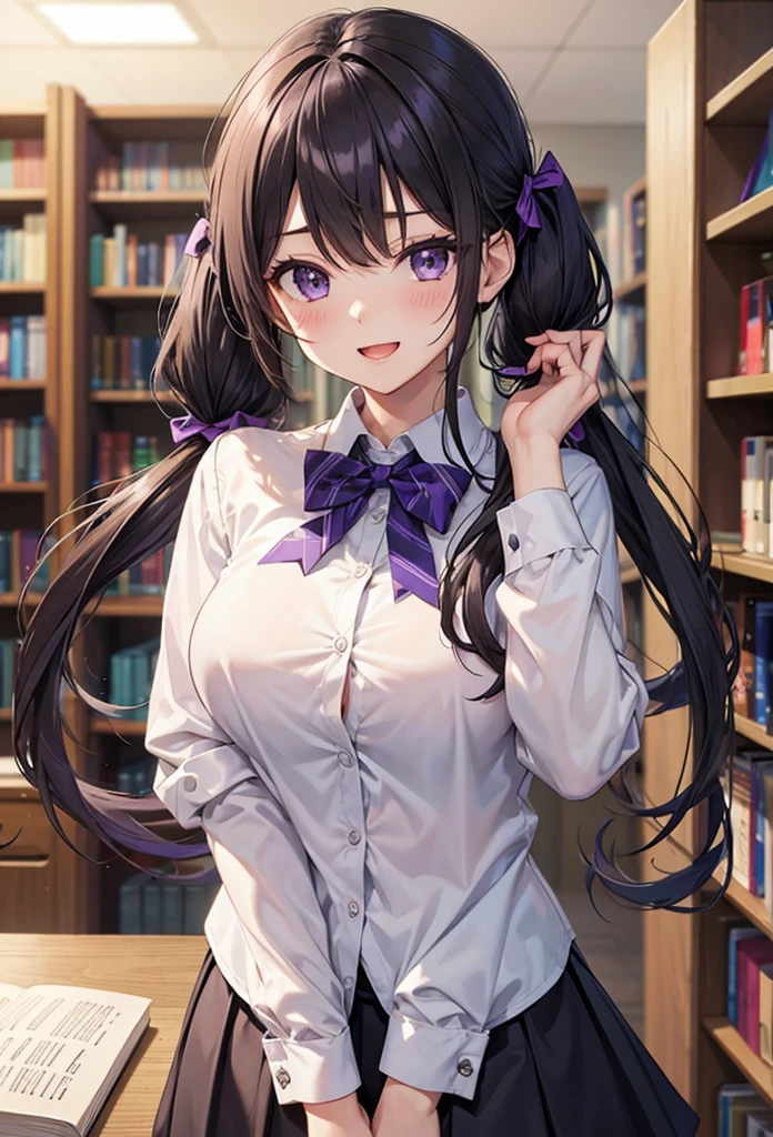slender, mature female,rating:safe, bookshelf, book, 1girl, blush, purple_eyes, black_hair, breasts, open_mouth, twintails, blurry, smile, :d, looking_at_viewer, white_shirt, shirt, solo, blurry_background, low_twintails, eyebrows_visible_through_hair, library, long_hair, depth_of_field, large_breasts, bangs, indoors, breast_rest, bow, dress_shirt, upper_body, hair_over_shoulder, diagonal_stripes, striped, holding, sidelocks, long_sleeves, collared_shirt, hair_tie, striped_bow, book_stack, purple_bow, school_uniform,