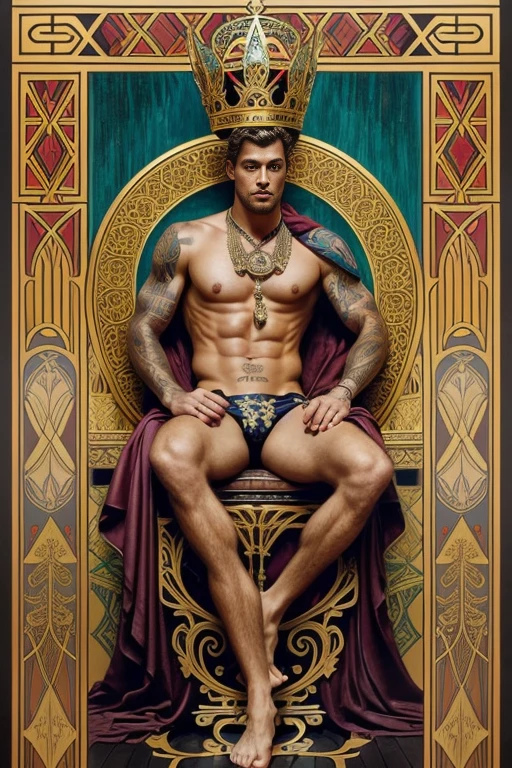 a surreal courtly photography, ultra-detailed, panoramic composition of subject and complete surrounding environment, handsome manly young topless christian hogue sitting on a throne, wears rich silks shorts and decorations, a crown on his head, Gold snake pattern tattoo , inspired by Cornelis Engebrechtsz, inspired by Nikolay Nikanorovich Dubovskoy, inspired by John Nelson Battenberg, inspired by Konstantin Westchilov, maximalist art nouveau, modern art nouveau, Artem Demura. Alphonse Mucha. Homem com asas de anjos