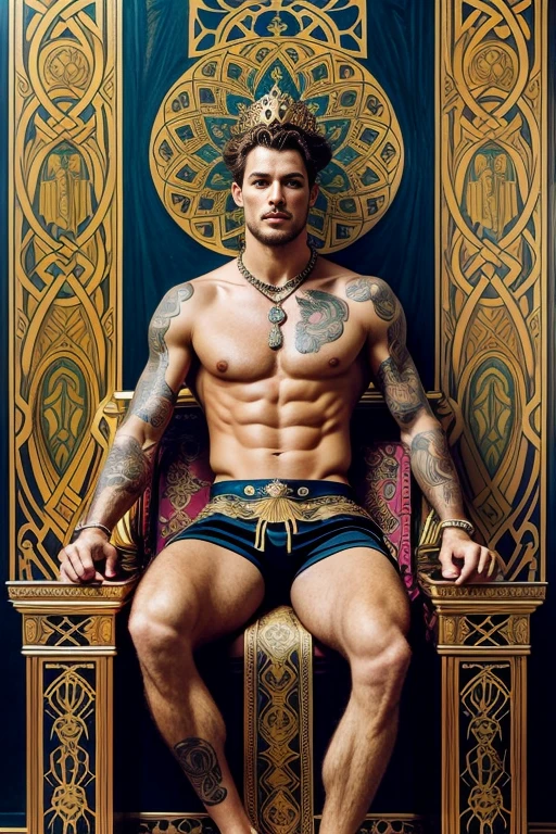 a surreal courtly photography, ultra-detailed, panoramic composition of subject and complete surrounding environment, handsome manly young topless christian hogue sitting on a throne, wears rich silks shorts and decorations, a crown on his head, Gold snake pattern tattoo , inspired by Cornelis Engebrechtsz, inspired by Nikolay Nikanorovich Dubovskoy, inspired by John Nelson Battenberg, inspired by Konstantin Westchilov, maximalist art nouveau, modern art nouveau, Artem Demura. Alphonse Mucha. Homem com asas de anjos