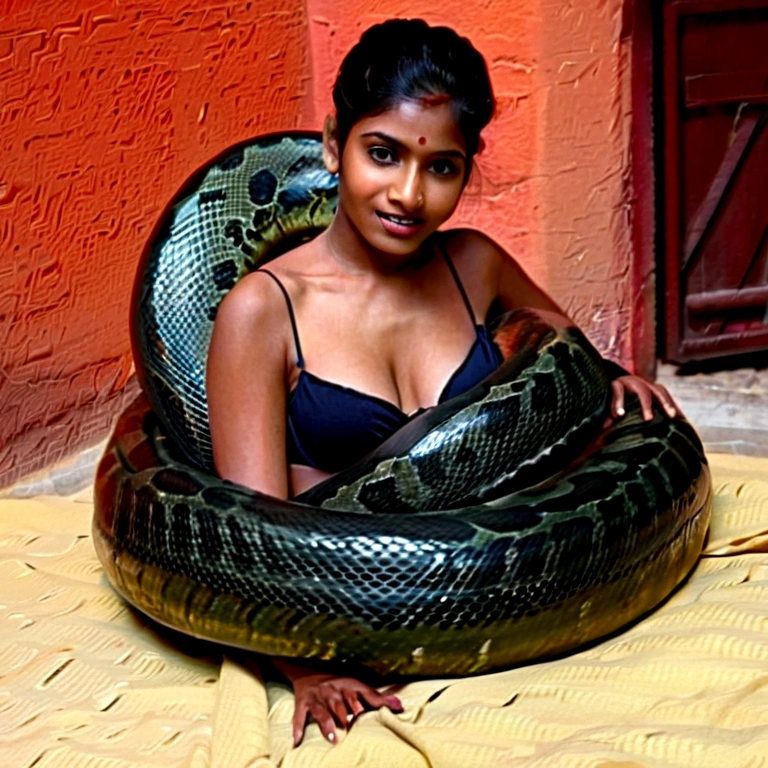 Happy Horny, aroused 1girl), beautiful kneeling indian young girl with giant colossal black anaconda squeezing her hard, wrapped in thick spiraling coils, constricted, struggle, gasping for air, snake attack, snake peril, moonless night, dim light