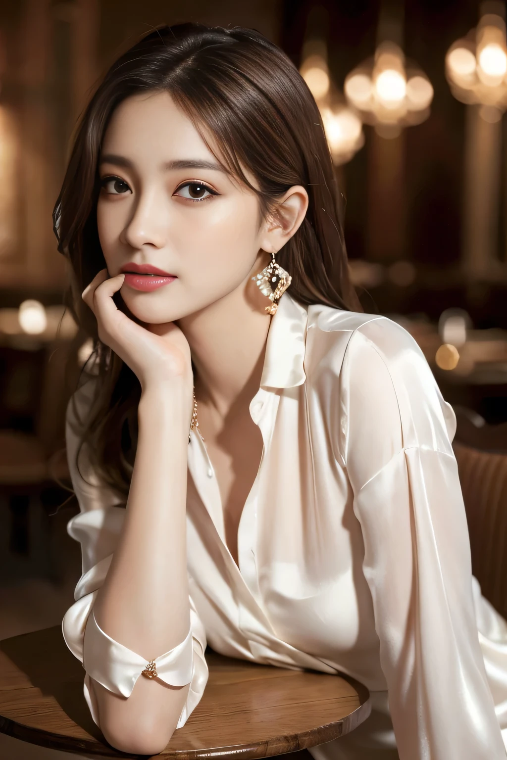 masterpiece, Highest quality, Realistic, Very detailed, Finer details, High resolution, 8k wallpaper, One beautiful woman, Wear an elegant silk shirt, In a great restaurant, At night, Light brown messy hair, Perfect dynamic composition, Beautiful and beautiful eyes、Big earrings、Sit on a chair、