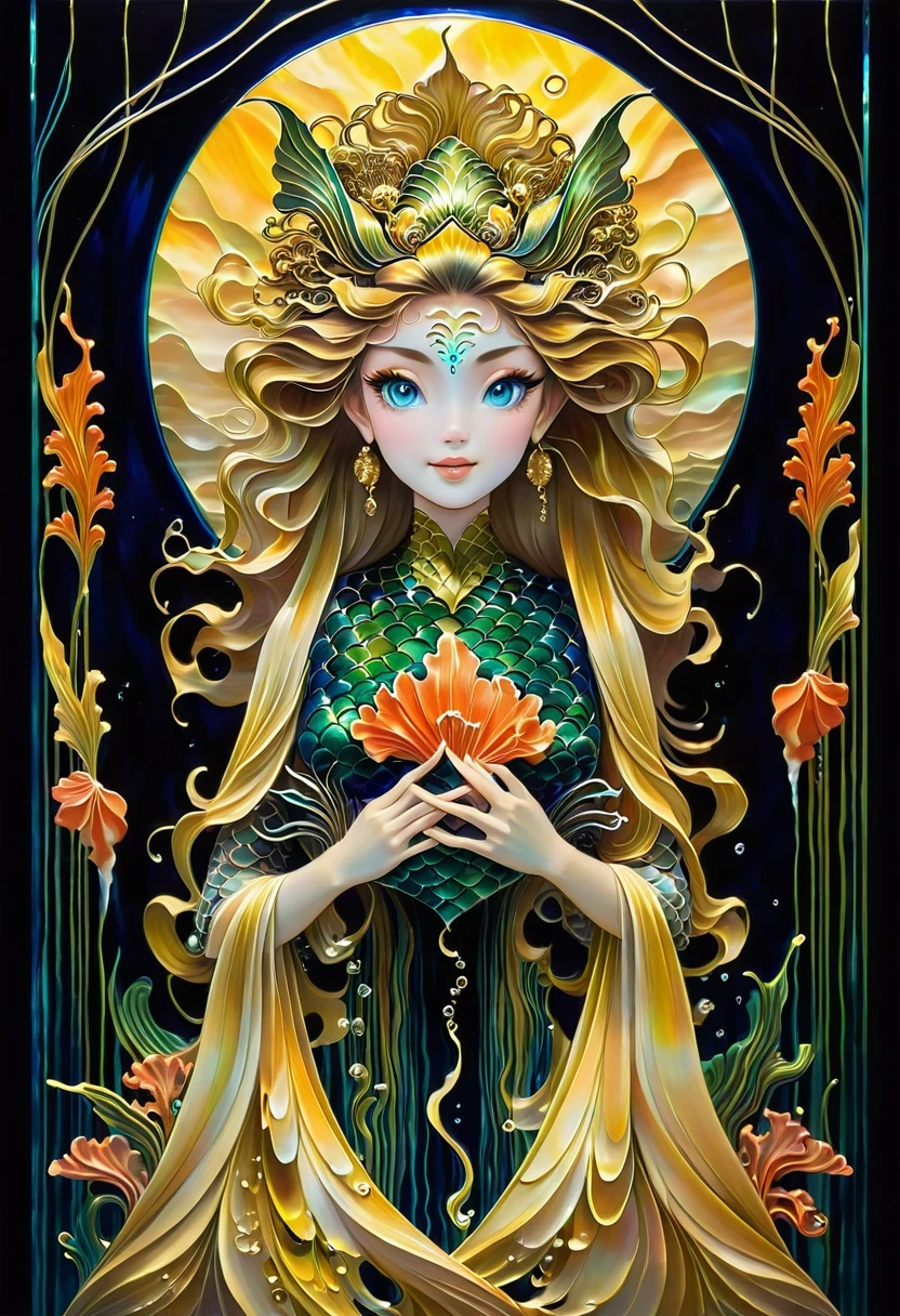 Create an awe-inspiring oil painting that captures the enchanting beauty of a Japanese mermaid gracefully gliding through the depths of the ocean. Using bold and expressive brushstrokes, convey the fluidity and movement of the water as it swirls around the mermaid's ethereal form.
Imagine a scene where the mermaid emerges from the depths, her long, flowing hair cascading like seaweed around her luminous figure. Her eyes shimmer with wisdom and mystery as she gazes into the distance, beckoning viewers into the enchanting world beneath the waves.
With masterful strokes of the brush, depict the intricate details of the mermaid's scales, shimmering with iridescent hues of blue and green. Let the play of light and shadow dance across the canvas, evoking the ever-changing currents of the ocean depths.
In the background, paint a panorama of coral reefs, swaying sea plants, and exotic marine life, creating a vibrant tapestry of color and movement that surrounds the mermaid in her watery domain.
As viewers gaze upon the painting, they are transported into a world of magic and wonder, where the boundary between reality and myth fades away. "Song of the Deep" is not merely a painting—it is a mesmerizing symphony of color, texture, and emotion that celebrates the timeless allure of the sea and the mysterious beauty of the Japanese mermaid.