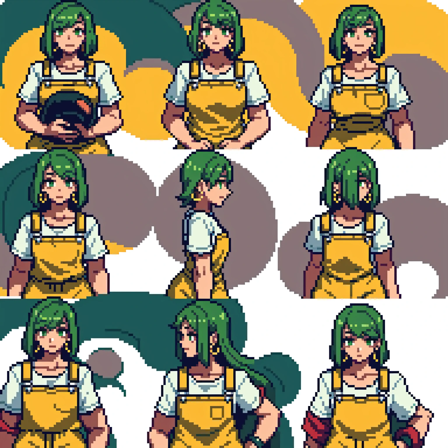 masterpiece, best quality,1girl, ((young girl)), ((large round magical green eyes)), shiny skin, (thin waist), (long curlly green hair), ((curvy)), ((wide hips)), ((hoop earrings)), ((small size)) , ((( yellow overalls))), hot, soft natural lighting, reflections, bright illuminations, deep dark black skin, ((yellow outfit))