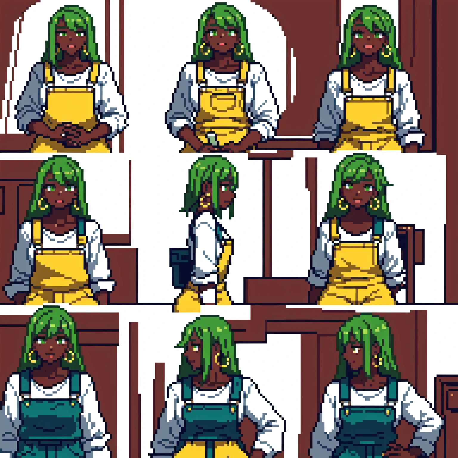 masterpiece, best quality,1girl, ((young girl)), ((large round magical green eyes)), shiny skin, (thin waist), (long curlly green hair), ((curvy)), ((wide hips)), ((hoop earrings)), ((small size)) , ((( yellow overalls))), hot, soft natural lighting, reflections, bright illuminations, deep dark black skin, ((yellow outfit))