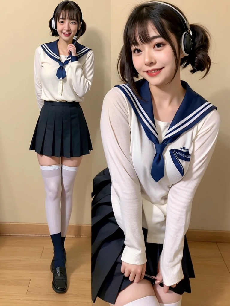 best quality, masterpiece, realistic, photorealistic, 1girl, 独奏, looking at viewer, smile, standing, full body, arms at side, cosplay, BLACK hair, twintails, hair ornament, very short hair, headphones, alternate costume, , sailor collar, shirt, long sleeves, necktie, skirt, pleated skirt, white thighhighs, loafers, simple background, Japanese women、24-years-old、The background is a pure white room、Singing on a microphone、bangs are long