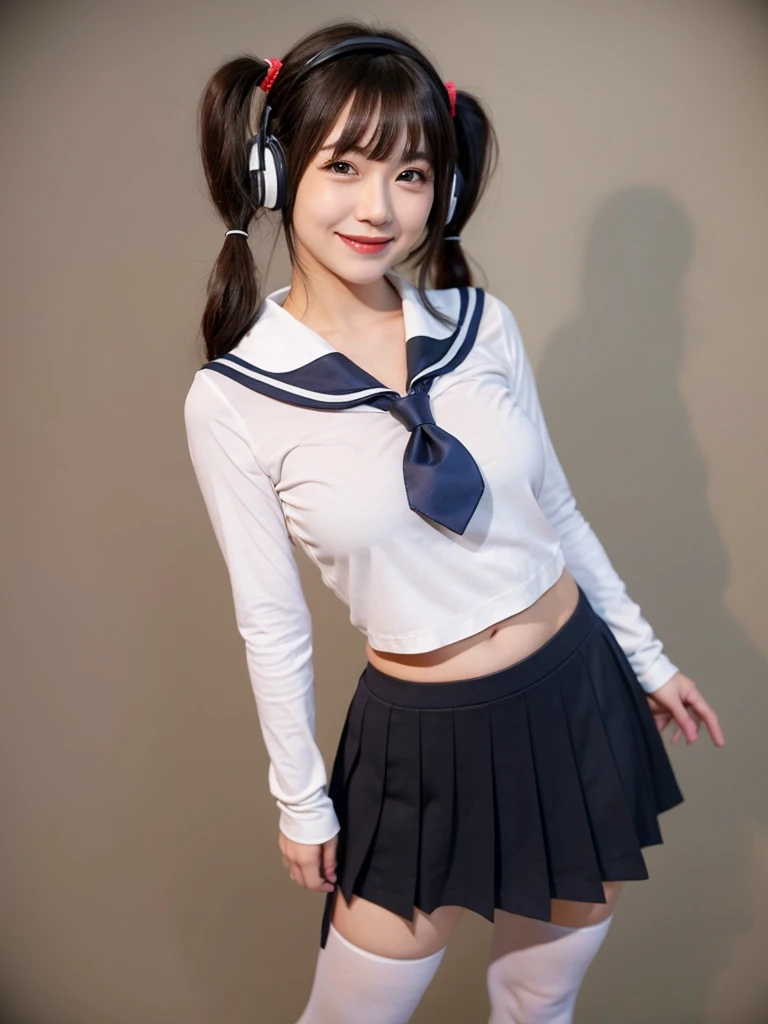 best quality, masterpiece, realistic, photorealistic, 1girl, 独奏, looking at viewer, smile, standing, full body, arms at side, cosplay, BLACK hair, twintails, hair ornament, very short hair, headphones, alternate costume, , sailor collar, shirt, long sleeves, necktie, skirt, pleated skirt, white thighhighs, loafers, simple background, Japanese women、24-years-old、The background is a pure white room、Singing on a microphone、bangs are long