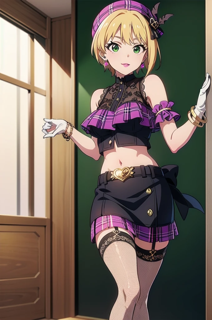 Humphrey, Blonde, short hair, Green Eyes, alone, (, zettai ryouiki)), White gloves, smile, Pink Lips, Are standing, masterpiece, Highest quality, High resolution, Humphrey, Blonde, Braiding, beret, Black Hat, Earrings, Bracelet, Plaid, Bare shoulders, Black Bow, Black Dress, Wrist cuff, bracelet, belt, Fishnet tights, Idolmaster Cinderella Girls, Hospital room, Sharp contours, Short sleeve, Highest quality, masterpiece、Blacknee-length socks:1.4）Micro Mini Skirt Alley, inquiry, Talk to your audience、 口を閉じて Are Are standing、View Audience,, tattoo, High heels, but, belly button, smile, Purple Lipstick、saliva, black micro mini skirt、 tattoo、（濃いPurple Lipstick、Purple lips、Highlight the face、、（濃いPurple Lipstick、Purple lips）Purple eyes, Purple lips、Leather Micro Mini Skirt、Are standing、(half:1.3), 