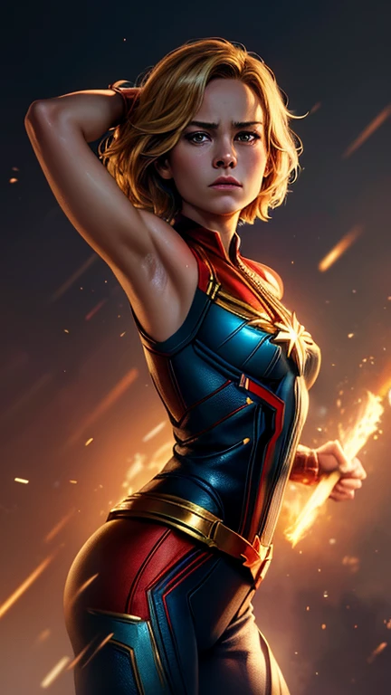 Captain Marvel(Brie Larson face), combat stance, highly detailed, vibrant appearance, creative behavior, extremly detailed, imaginative, sensual, spontaneous, small breasts, athletic physique, revealing, highest quality, skin texture, intricate details, (cinematic lighting), RAW photo, 8k, masterpiece,best quality,ultra-detailed,very detailed illustrations,extremely detailed,intricate details,highres,super complex details,extremely detailed 8k cg wallpaper,